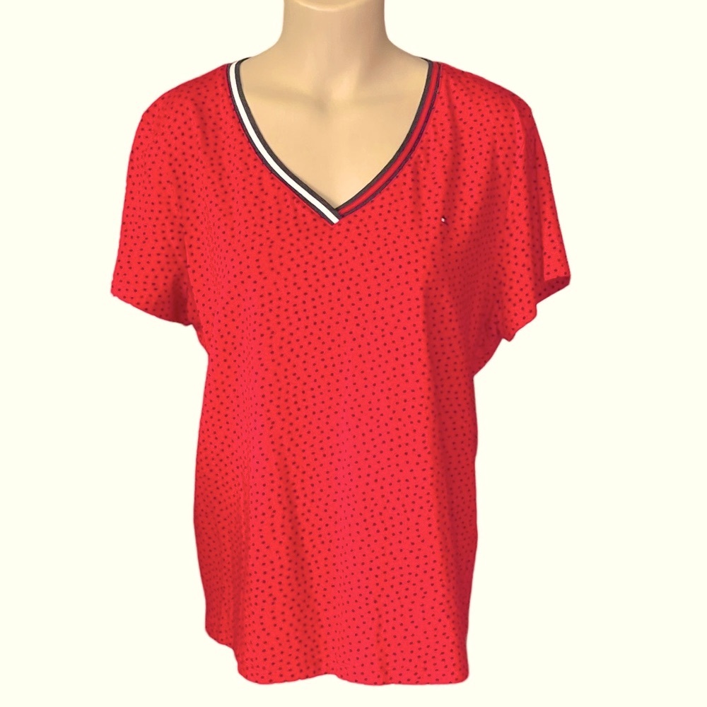 TOMMY HILFIGER Top Cap Sleeve Stretch Red with Black Polka Dots V-neck Size XL
